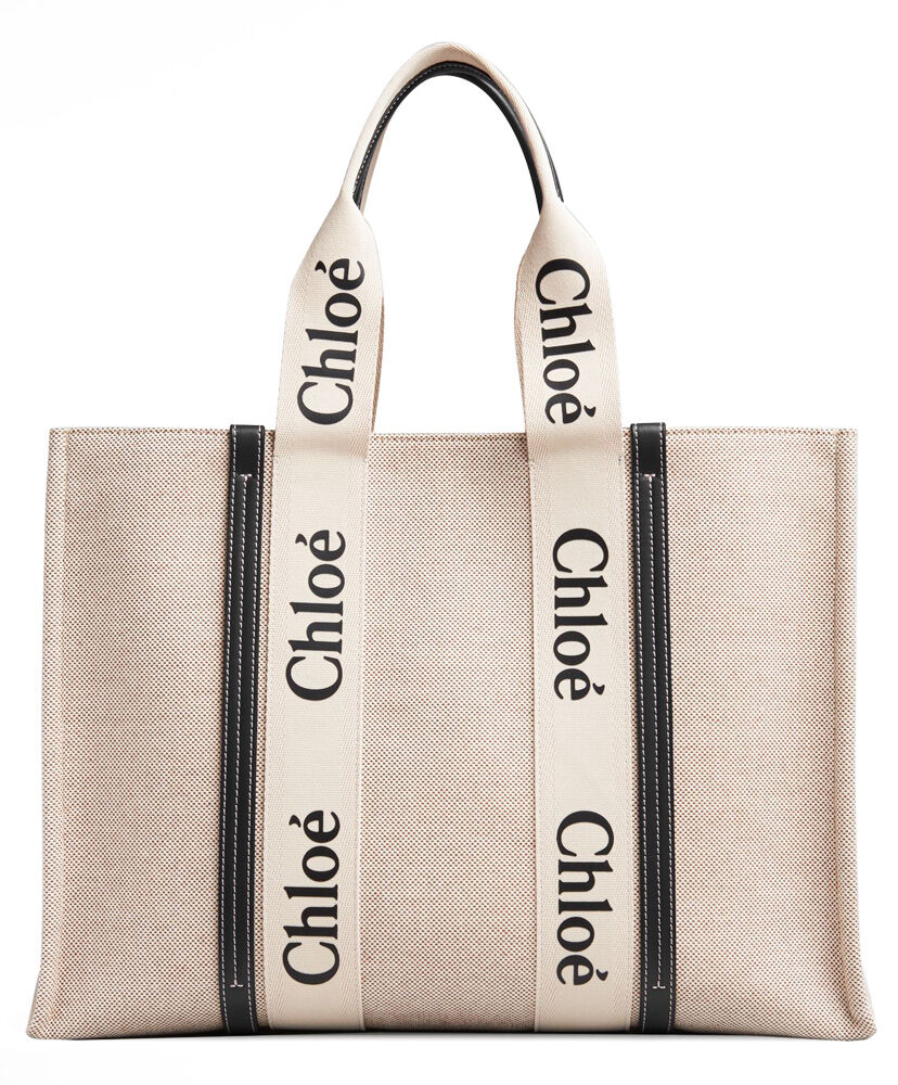 Chloe Large Woody Tote Bag Canvas with Leather Cream/Black